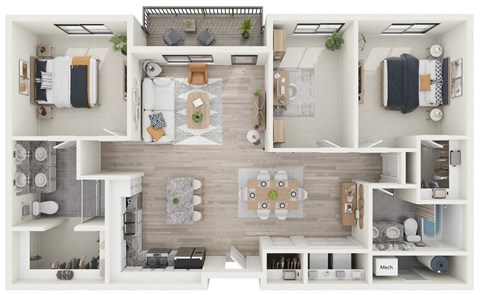 a 3d rendering of the living room and dining room of an apartment